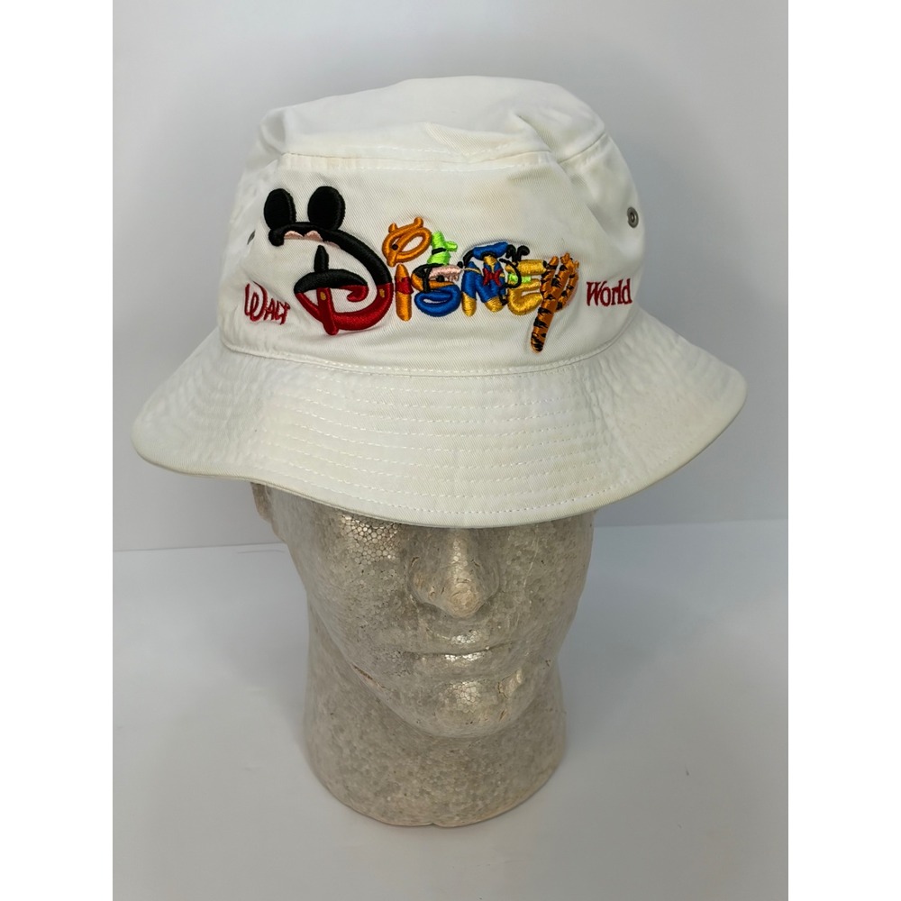 Vintage Walt Disney World White Bucket Hat Embroidered Mickey Mouse Tigger Goofy